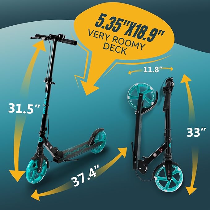 Kick Scooter for Kids Ages 8+ Teens & Adults, with Front handbrake and Rear Brake, and Adjustable Handlebars, Big Sturdy PU Flash Wheels Great Gift & Toy
