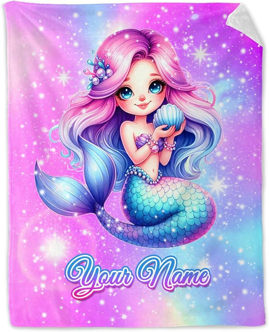 Personalized Mermaid Throw Blanket - Animals Pattern Blankets Gifts for Kids Teens - Cute Throw Decor Stuff for Sofa, Couch