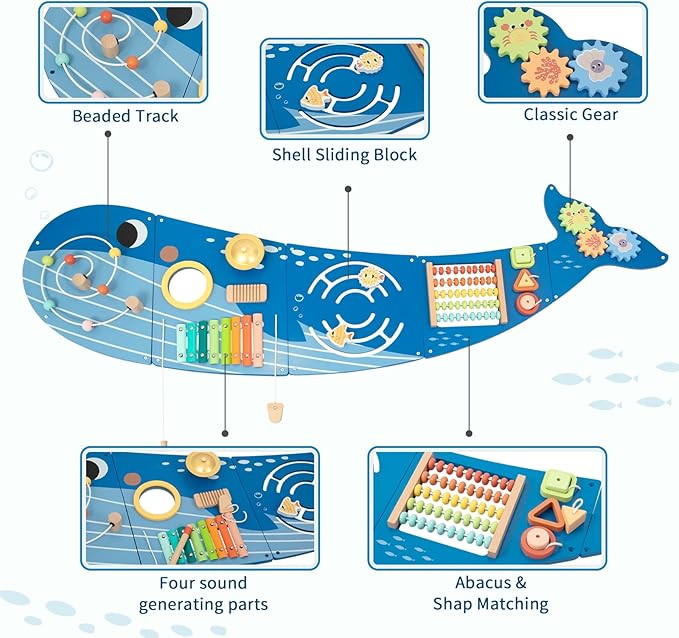 OOOK Whale Wall Busy Board Panel, Montessori Sensory Toy, Toddler Learning Activity Center, Toddler Learning Activity Center, Interactive Toys, Wooden Sensory Wall Develops Kids Skills in All Aspects