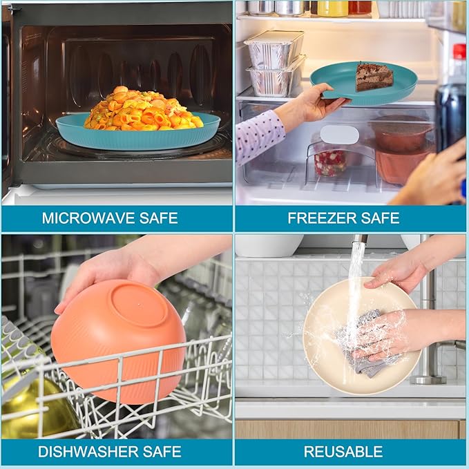 18pcs Wheat Straw Dinnerware Sets, Unbreakable dish Set Reusable Plates, Bowls, and Cups Set dishes Dishwasher Microwave Safe for Kitchen Outdoor Travel Camping (Macron Color)