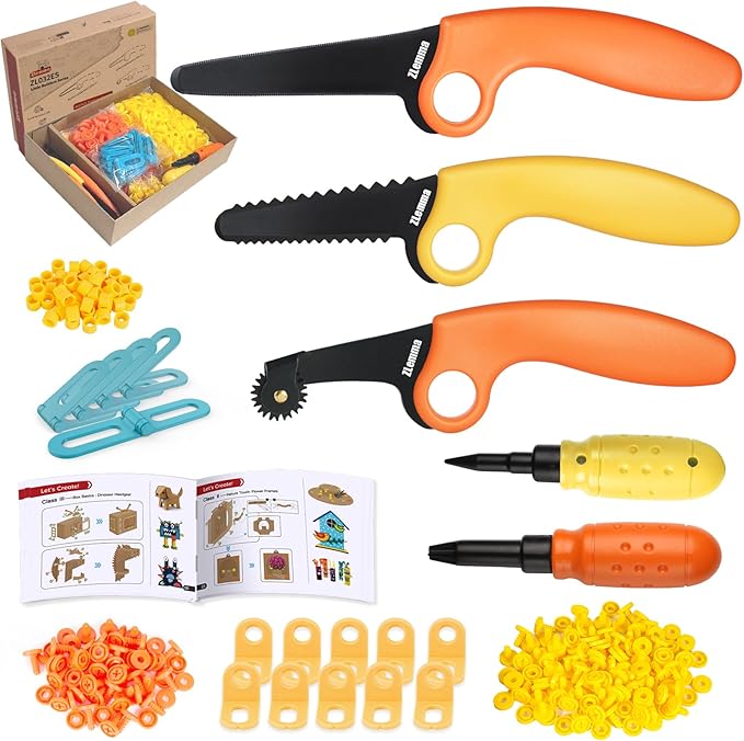 Cardboard Construction Kit - 401 PCS Kids Building Set with Safe Serrated Cutter, Crease Roller, Screws & Nuts, STEM Upcycled Tool for DIY Cardboard Projects, Engineering & Creativity