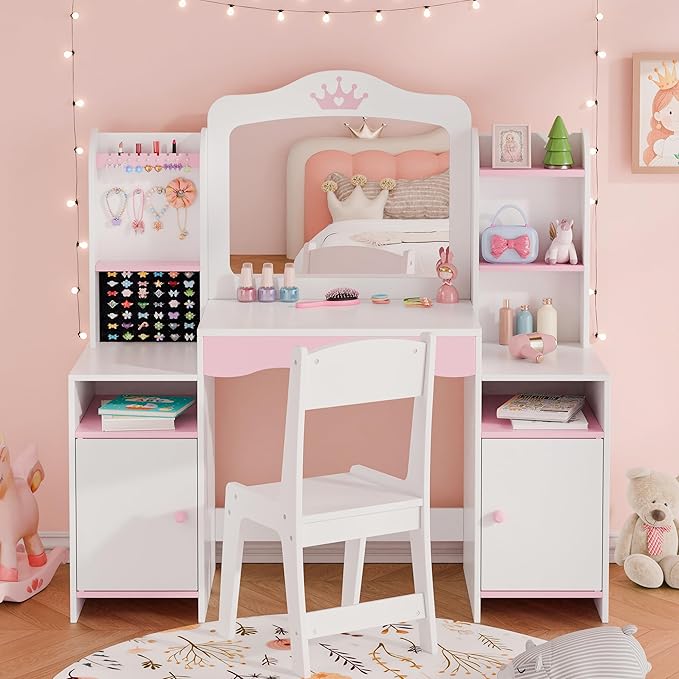 MU Kids Vanity, Girl Vanity Set with Mirror and Stool, 2 in 1 Toddler Makeup Vanity Table with Jewelry Storage, Wooden Princess Makeup Desk Dressing Table for Little Girls, (White)