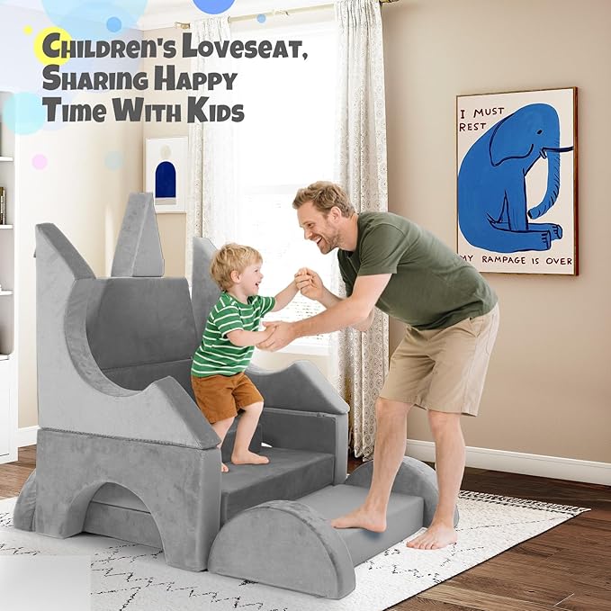 15 Pcs Modular Kids Play Couch, Toddler Couches That Fold Out, Plush Foam Chair for Children’s Playroom, Velvet Fabric Convertible Foam and Floor Cushion for Boys and Girls (Gray,27)