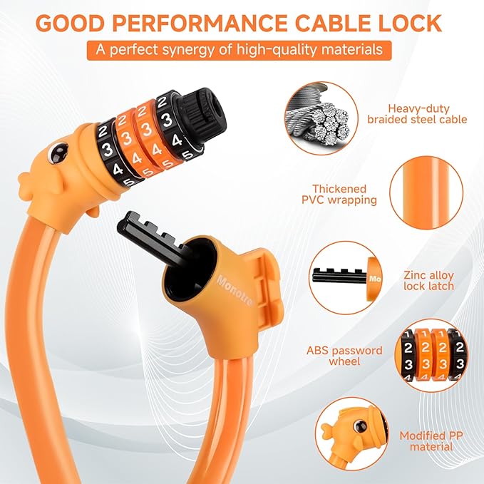 Bike Lock, 3.9 Feet 4-Digit Resettable Combination Password Anti-Theft Cable Lock, Cute Coiled Bike Lock with Mounting Bracket, Suitable for Bicycles, Electric Scooters, Ebikes (Orange-12mm)