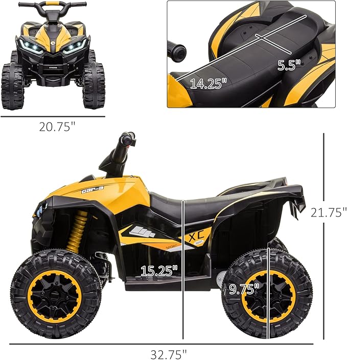 Aosom 12V Kids ATV Quad Car with Forward & Backward Function, Four Wheeler for Kids with Wear-Resistant Wheels, Music, Electric Ride-on ATV for Toddlers Ages 3+ Years Old, Yellow