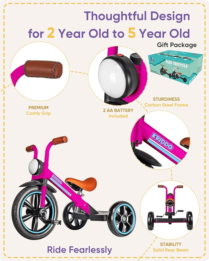 KRIDDO Kids Tricycle, 12 Inch Puncture Free Rubber Wheel w Front Light, Adjustable Seat Height, Gift for 2-5 Year Olds, Pink
