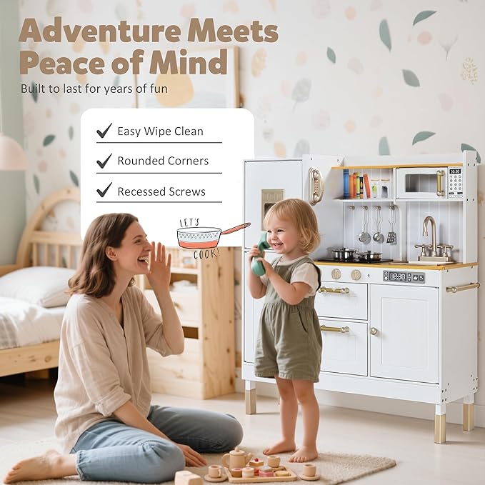 Play Kitchen for Kids, Wooden Kids Kitchen Playset with Realistic Sounds, Children Pretend Toy Kitchen Playset w/Stove, Oven & Ice Maker, Little Chef Play Kitchen for Girls and Boys, White