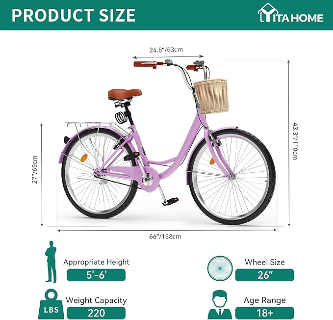 YITAHOME Beach Cruiser Bike for Women, 24 & 26 inch Commute Bike for Adults, 1 & 7 Speed Womens Bicycle with Basket Adjustable Seat, Multiple Color
