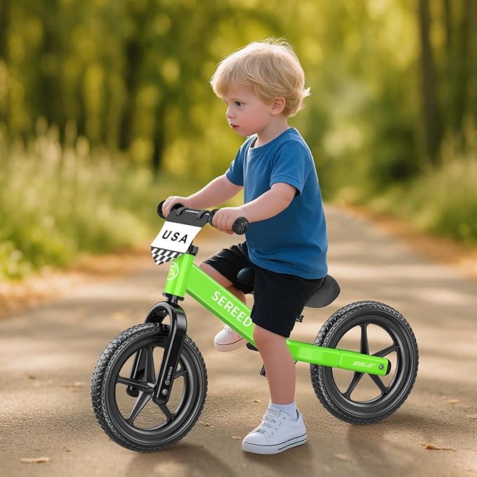 SEREED Toddler Balance Bike 2 Year Old, No Pedal Kids Toy Bike for 2-5 Years Old, Tool-Free Adjustment, Gift for 2-3 Boys Girls, Customize Plate with 3pcs Stickers (Green)