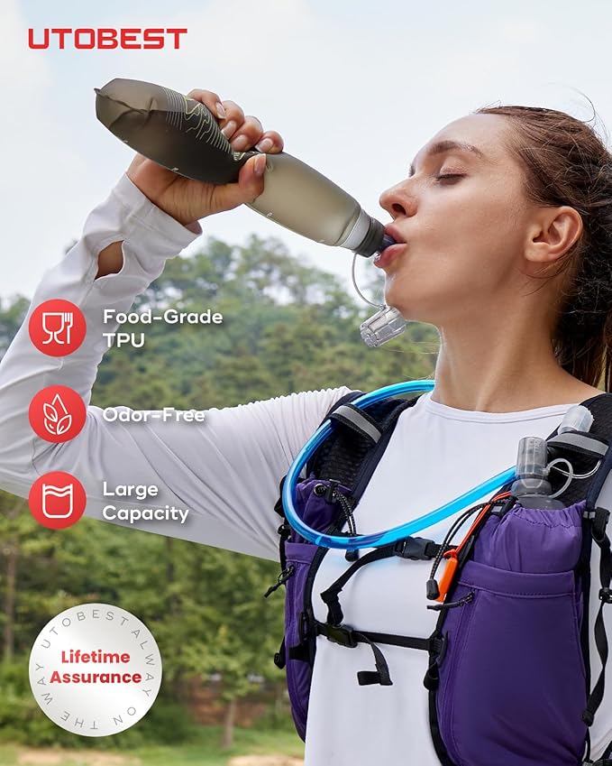 UTOBEST 500ml Soft Flask, 2 Pack Flexible TPU Hydration Water Bottle, Collapsible with 28mm Caliber for Running, Hiking, Cycling, Climbing, and Marathon Yellow