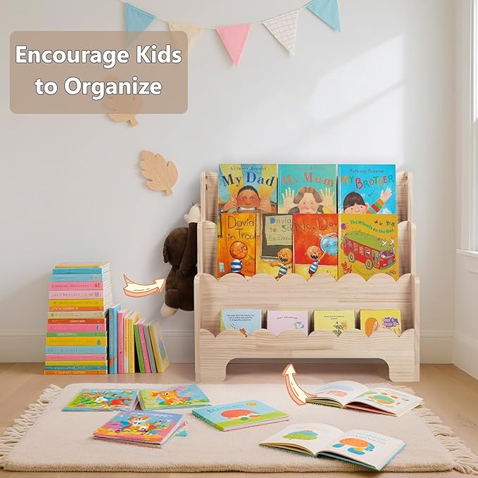 Kids Bookshelf Wooden 3-Tier, Scalloped Book Shelf for Kids Rooms, Front Facing Toddler Montessori Bookshelf, Baby Nursery Book Shelves Kid Classroom Book Shelf Bookcase