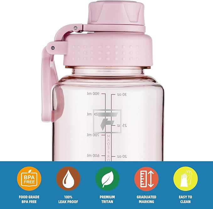 Fanhaw 32 oz Clear Water Bottle with Fast-Flow Spout Lid, BPA-Free Tritan, Wide Mouth, Leakproof, Reusable Bottle for Gym, School, Office, Travel (Cherry Blossom)