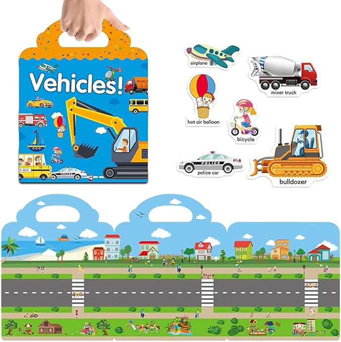 Reusable Sticker Books for Kids, Travel Removable Toddler Vehicle Sticker Books for 3 4 5 Year Old Girls Boys Birthday Gifts Educational Learning Toys for Age 3-5