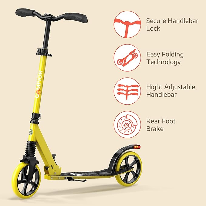 Kick Scooter for Ages 6+, for Kids, Teens, and Adults, Max Load 240 LBS, Foldable, 8-inch Big Wheels for Kids and Adults, with Kickstand, 3 Adjustable Levels, Child Safety Approved, Yellow