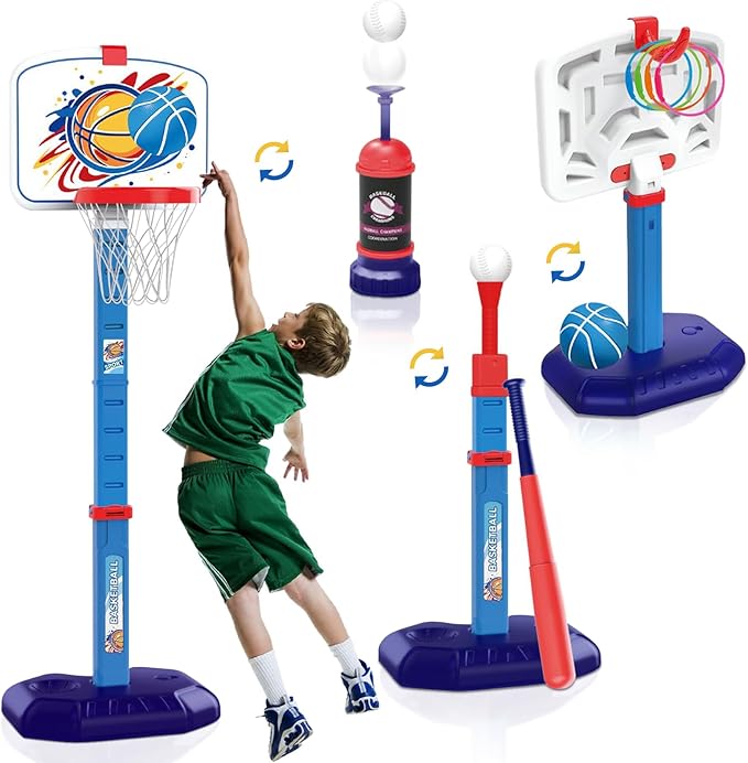 4 in 1 Kids Basketball Hoop Ring Toss T Ball Set - Adjustable Height Basketball Hoop & Baseball Pitching Machine & Batting Tee & Toss Game, Indoor Outdoor Toys Gifts for Toddler Boys Girls Age 3-12