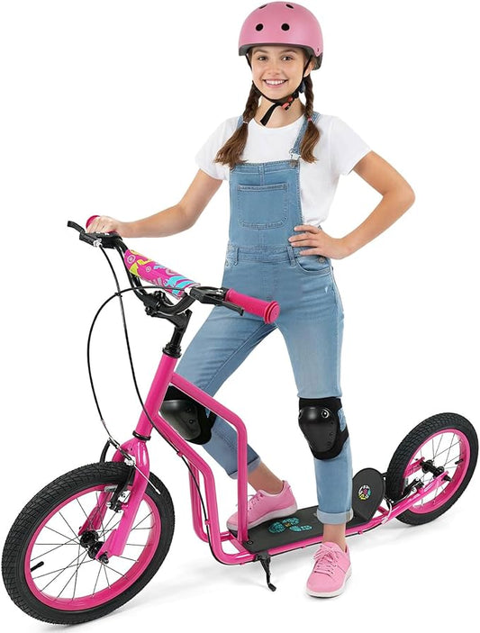 GYMAX Youth Scooter, Height Adjustable Kick Scooters with Extra Large Inflatable 16” Front & 14” Rear Wheels, Dual Hand Brakes & Kickstand, Heavy Duty Scooter for Teens Adults