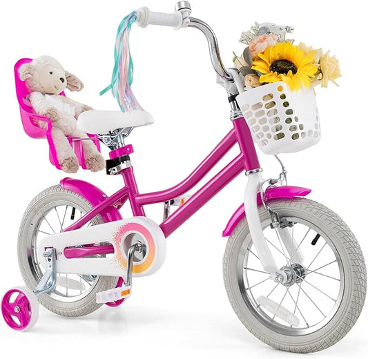 BABY JOY Kids Bike, 12 14 16 18 Inch Children Bicycle w/Detachable Training Wheels, Storage Basket, Adjustable Seat & Handlebar, Bow or Streamer, Girls Bike for 3-8 Years Old
