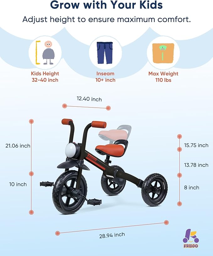 KRIDDO 2-in-1 Kids Balance Bike and Kids Tricycle for 2 to 5 Year Old, Toddler Balance Bike with Detachable Pedals, Tricycles for 3-5 Year Olds with Stitched Soft Grip, Black