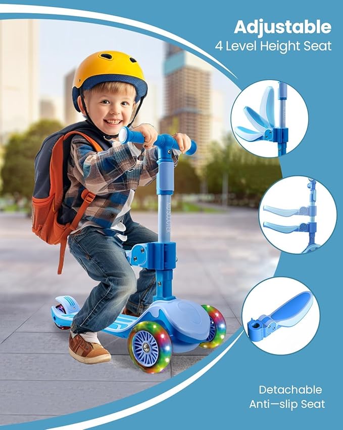 2-in-1 Adjustable Kick Scooter for Kids 3-5 (Suitable 3-12 Years),5-Level Handlebar & Removable Seat, LED Light-Up Wheels, Wide Deck, Foldable Design for Indoor/Outdoor Use - Girls & Boys