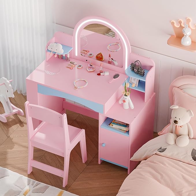 MU Kids Vanity with Lights, Princess Makeup Vanity Desk with Open Bookshelf, Storage Cabinet & Shelves, 2 in 1 Toddler Vanity Table & Chair Set with Lighted Mirror for Little Girls (Blue)