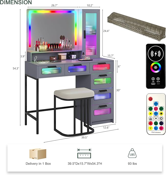 HNEBC RGB Vanity Desk with Mirror and Lights, LED Vanity Makeup Desk with USB/Wireless Charger Station, Vanities Dressing Table Sets with 6 Drawers/Cabins/Stool/Shelves for Bedroom&Cloakroom,Grey