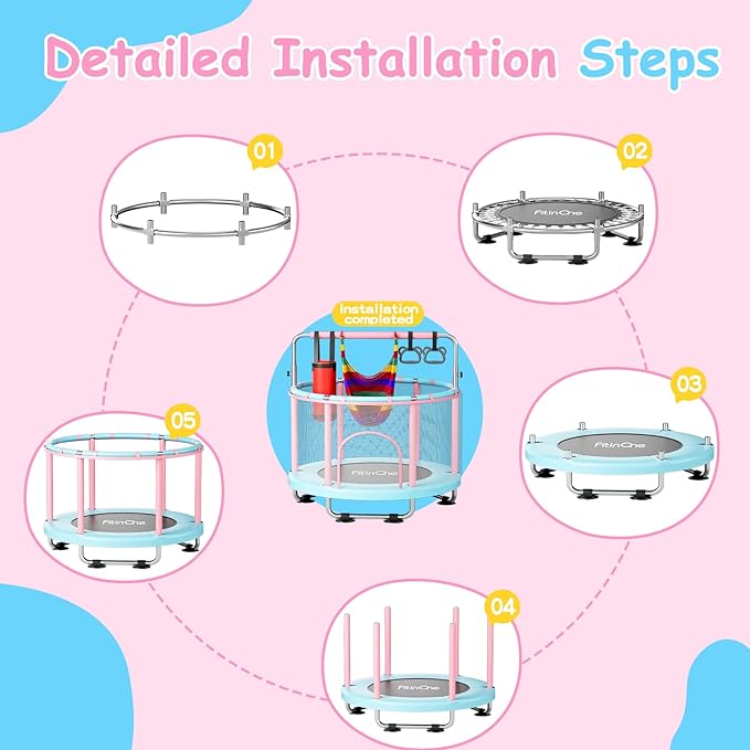 55" Toddler Mini Trampoline for Kids, Indoor Outdoor Toys with Swing, 440lbs Baby Kids Trampoline, Gymnastics Bar, Birthday Gifts for Boy Girl Age 1-8