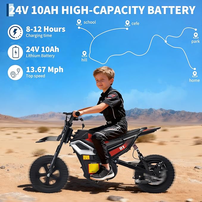 24V Electric Dirt Bike for Kids, 350w Electric Motorcycle for Kids - Up to 13.67Mile/h Long-Range, Ride on Motorcycle with Rear Wheel Suspension, 12 Miles Range, Twist Grip Throttle, Rubber Tire,