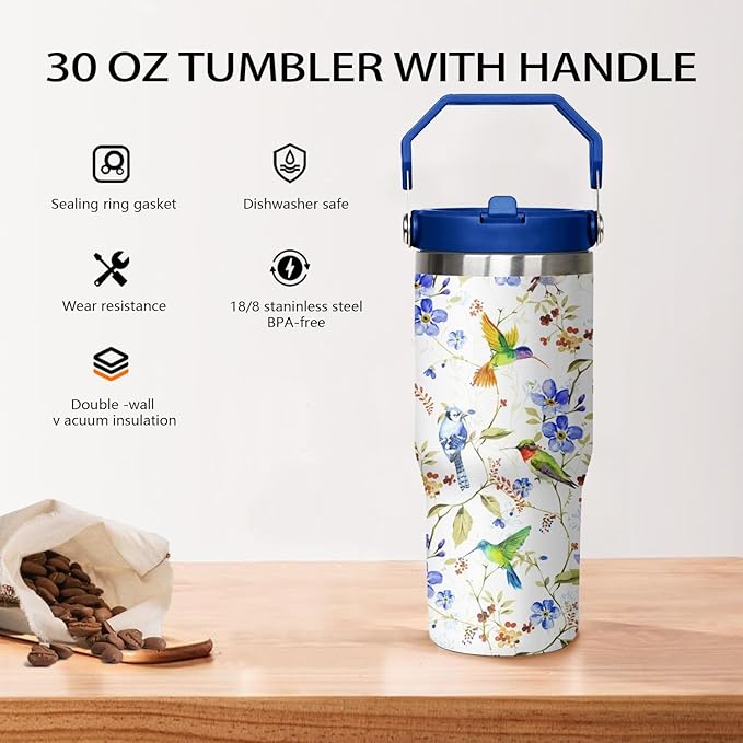 30 oz Hummingbird Flip Tumbler with Handle Lid and Straw,Hummingbird Stainless Steel Coffee Tumbler Mug Cup Watter Botter,Bird Gifts for Bird Lovers Women, Hummingbird Stuff/Accessories