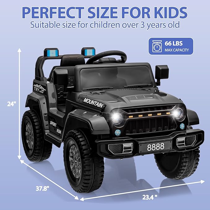 Garvee 12V Kids Ride On Truck Car, Battery Powered Electric Vehicles with Remote Control, Spring Suspensions, 3 Speeds, LED Lights, Music, MP3, Ride On Toy Car for Children Toddles Boys Girls, Black
