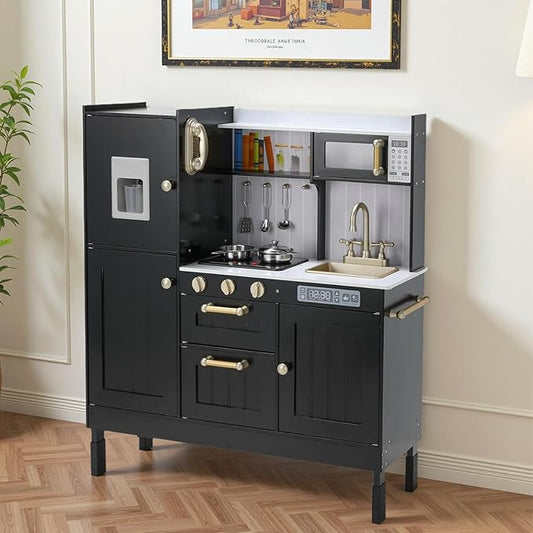 Arlopu Play Kitchen for Kids, Wooden Toy Toddler Kitchen Sets, Sturdy Pretend Cooking Playset with Storage & Accessories, Realistic Light & Sound, Stove, Fridge, Microwave, Removable Sink (Black)