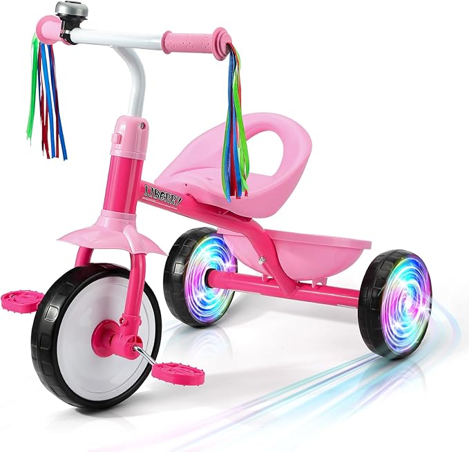 Liberry Toddler Tricycle Age 2 3 4 Years Old, Kids Trike with Light Up Wheels, Removable Pedal and Basket, 3 Wheel Bike Outdoor Indoor Riding Toy Gift for Girls Boys, Pink