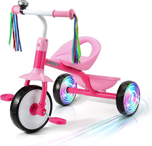 Liberry Toddler Tricycle Age 2 3 4 Years Old, Kids Trike with Light Up Wheels, Removable Pedal and Basket, 3 Wheel Bike Outdoor Indoor Riding Toy Gift for Girls Boys, Pink