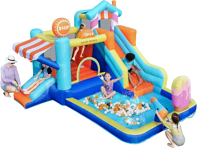Doctor Dolphin Inflatable Bounce House with Slide and Blower for Kids, Double Slide Jumping Inflatable Bouncer Blow Up Bouncy Castle with Ball Pit for Indoors and Outdoors