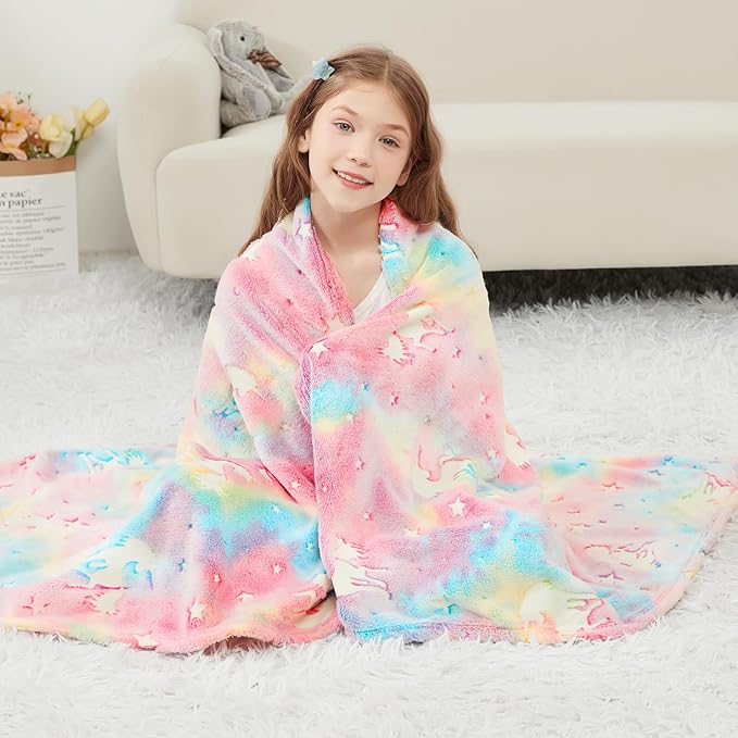 Viviland Kids Throw Blanket Glow in The Dark, Pink Unicorn Toddler Blankets for Girls, Soft Warm Lightweight Plush Throw Blanket Fleece for Sofa Chair Couch Bed Gift for Kids, 50" x 60"