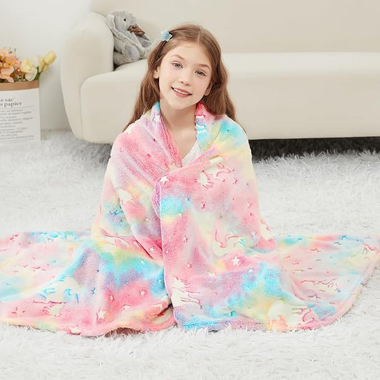 Viviland Kids Throw Blanket Glow in The Dark, Pink Unicorn Toddler Blankets for Girls, Soft Warm Lightweight Plush Throw Blanket Fleece for Sofa Chair Couch Bed Gift for Kids, 50" x 60"