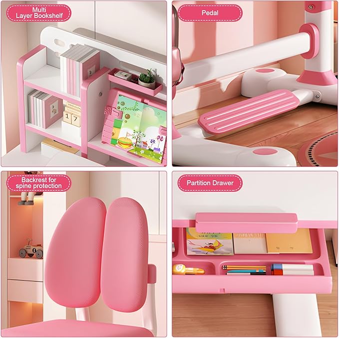 2025 Upgraded Kids Study Desk and Chair Set, 50 Degree Tiltable&Height Adjustable Kids Desk with Storage Drawers and Bookshelf (Pink-New 2)
