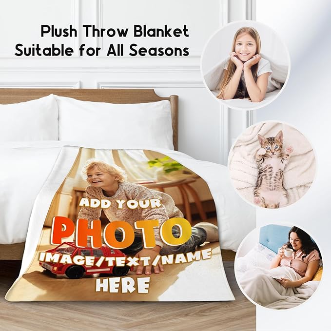 Custom Blanket Gifts with Picture, Personalized Blankets for Kids, Customized Gifts with Photo Text, Warm Flannel Throw for Boys Girls, 40"x50"