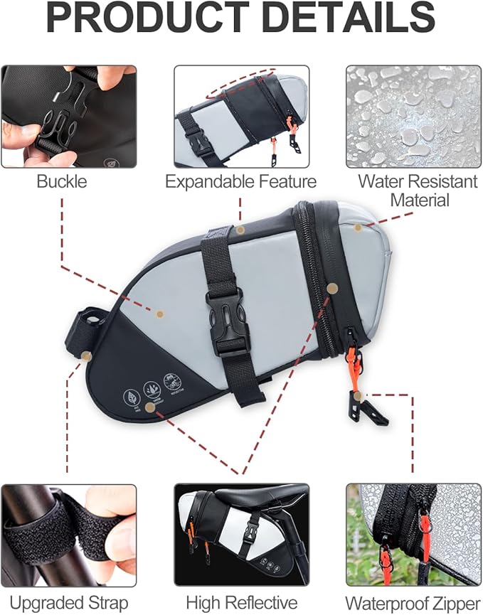 Bike Seat Bag, Water-resistant Bicycle Saddle Bag, Expandable Capacity Cycling Under Seat Pouch 1.5-2L, Bike Seat Pack for Mountain Road Bikes and Commuter