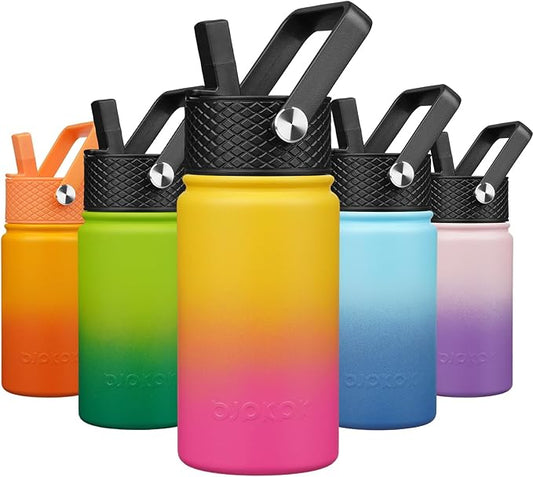 BJPKPK Insulated Water Bottle with Straw Lid, 15oz Cute Water Bottles, Stainless Steel Metal Thermo, Reusable BPA Free Leak Proof Tumblers, Cups,Rainbow