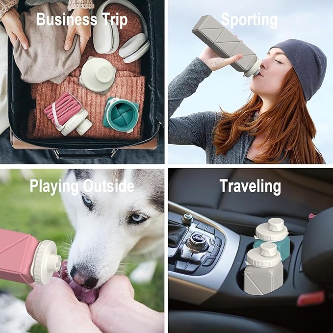 Collapsible Water Bottles 20.6oz 2 Pack, Silicone Foldable Portable Water Bottle, Lightweight Reusable Leakproof for Travel Camping Hiking Cycling Yoga Sports Outdoor (Blue+DarkBlue)