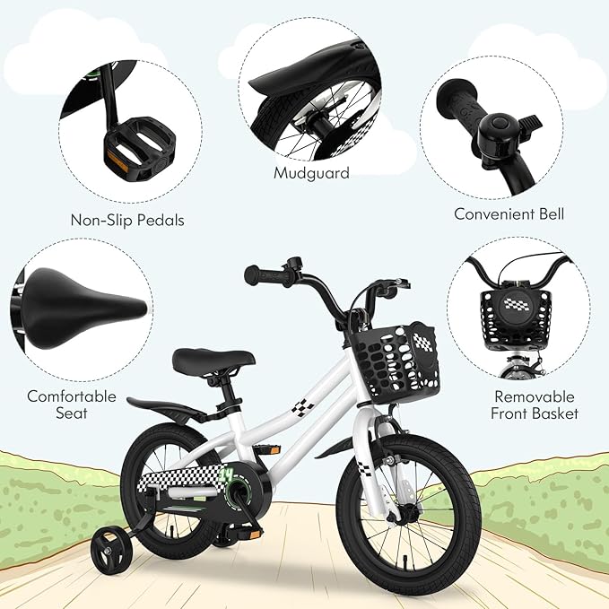 COSTWAY Kids Bike, 12 14 16 18 Inch Toddler Bike for Boys & Girls Aged 3-8 Years Old, Kids Bicycle w/Removable Training Wheels, Handbrake & Coaster Brake, Basket, Bell