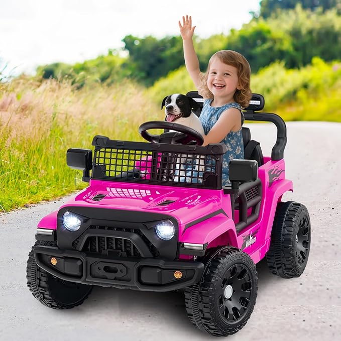 Costzon Kids Ride on Car Truck, 12V Electric Vehicle w/Foldable Mirrors, 3 Speeds, LED Lights, Music & Horn, Ride on Toys Remote Control Car for Toddlers, Boys & Girls (Pink,34" × 23" × 21")
