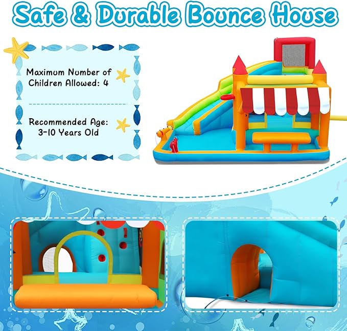 FBSPORT Inflatable Bounce House Water Slide, Bounce House for Kids with Toy Market Stand Splash Pool Bouncer Climbing Wall Water Gun Ball Dart, Bouncy Castle W/620W Blower for Outdoor Indoor, Red