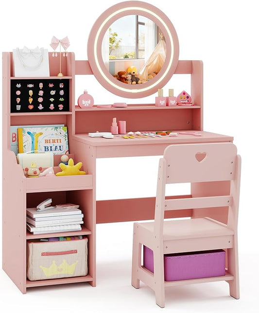 HONEY JOY Kids Vanity with Lights, Wooden Princess Makeup Dressing Vanity Desk with Jewelry Storage, Open Shelves, 2 in 1 Toddler Vanity Table & Chair Set with Lighted Mirror for Little Girls(Pink)