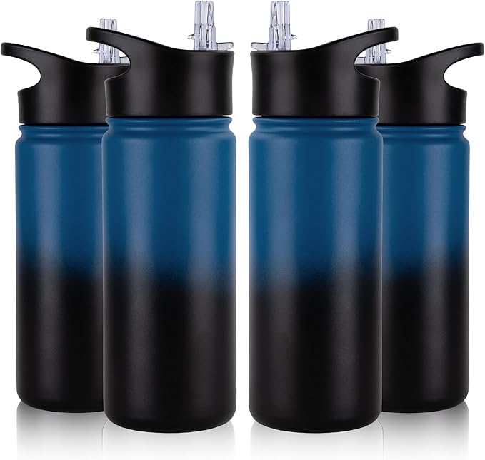 16 oz Insulated Water Bottle Bulk 4 Pack, Straw & Spout Lid, Keep Cold 24H, Spill Proof, BPA-Free, Double Wall, Stainless Steel Kids Water Bottles for School, Sports, Blue Black Gradient