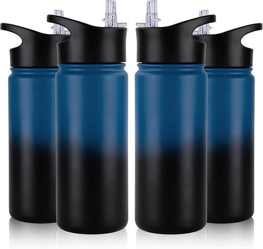 16 oz Insulated Water Bottle Bulk 4 Pack, Straw & Spout Lid, Keep Cold 24H, Spill Proof, BPA-Free, Double Wall, Stainless Steel Kids Water Bottles for School, Sports, Blue Black Gradient