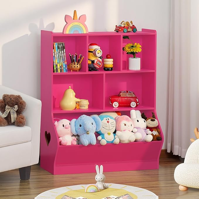 Lerliuo Kids Storage Organizer, 3 Tier Children Bookcase and Bookshelf, Toddler 6 Cubby Cabinet, Wood Book Shelf for Playroom, Bedroom, Living Room, Nursery, School 39.17'' H (Pink)