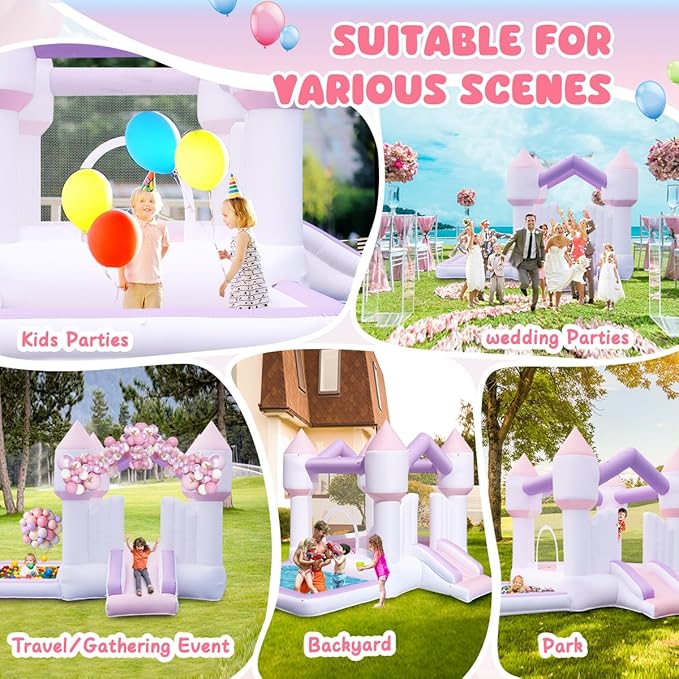 Inflatable Bounce House for Kids, White Bounce House with Slide, Jumping Bouncy Castle for Kids Birthday Party, Wedding, Backyard Indoor/Outdoor Purple (with Blower)