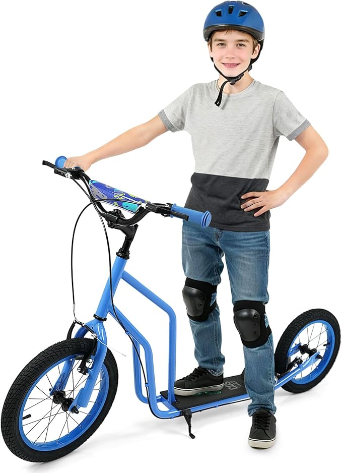 GYMAX Youth Scooter, Height Adjustable Kick Scooters with Extra Large Inflatable 16” Front & 14” Rear Wheels, Dual Hand Brakes & Kickstand, Heavy Duty Scooter for Teens Adults