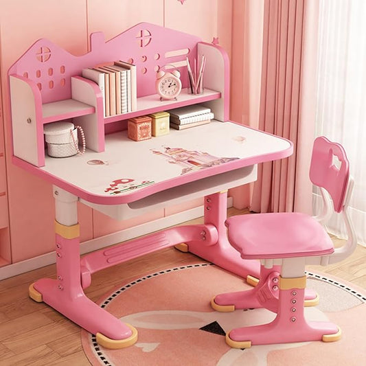 Upgraded Kid's Desk and Chair Set, Adjustable Children's Study Table with Bookshelf and Storage Drawer, 50-Degree Tiltable Desktop with Chair for Bedroom (Pink 105cm)